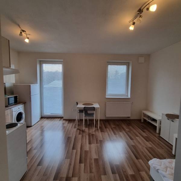 A studio apartment with a wood-patterned floor, a table, and appliances.