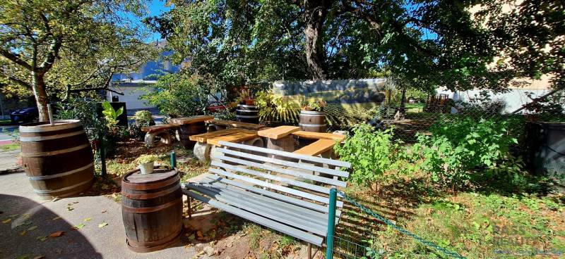 Garden with a bench and wooden barrels in Bratislava, Old Town, on Prokopa Veľkého Street.
