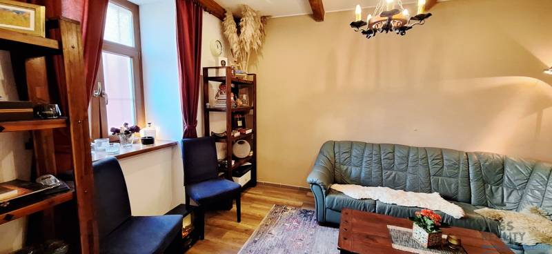 Commercial space with a green sofa, shelves, and a wooden decor floor.