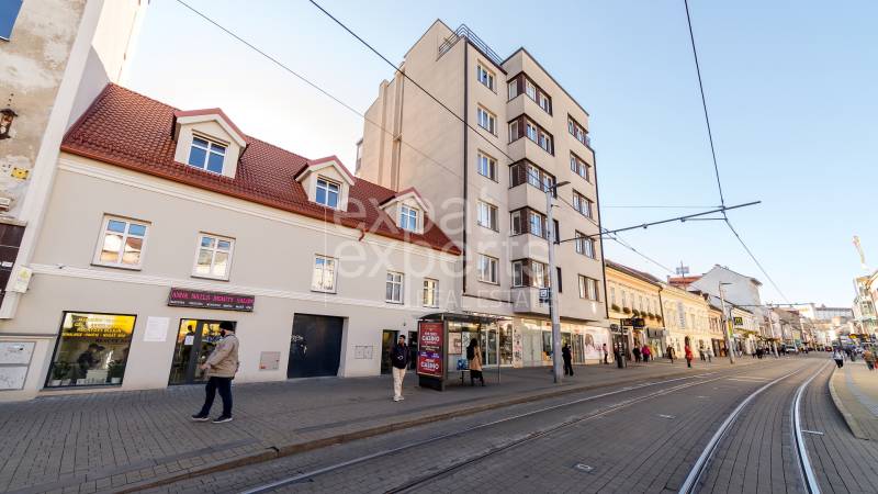 Obchodná Street, Bratislava - Old Town, surroundings of 3-room apartments, tram tracks, buildings.