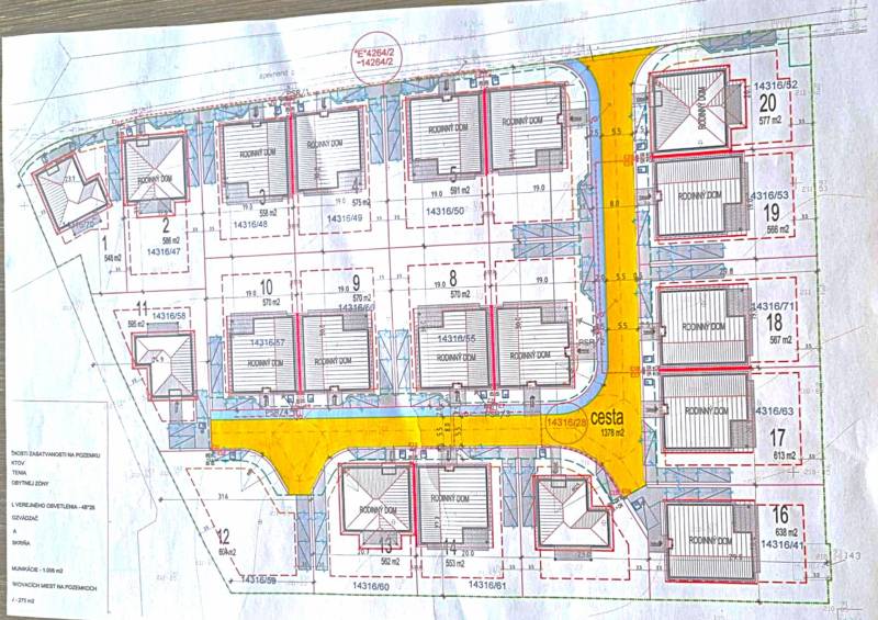 Urban study of residential plots in Studienka, Pod Borovicou Street, plan of houses and roads.