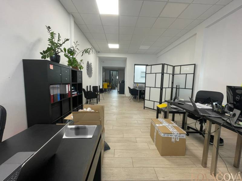 Commercial space with shelves, tables, chairs, and flooring with a wooden decor.