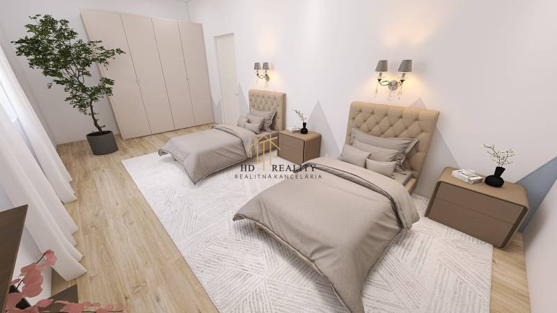 Double bedroom in a family house with wood-patterned flooring and a wardrobe.