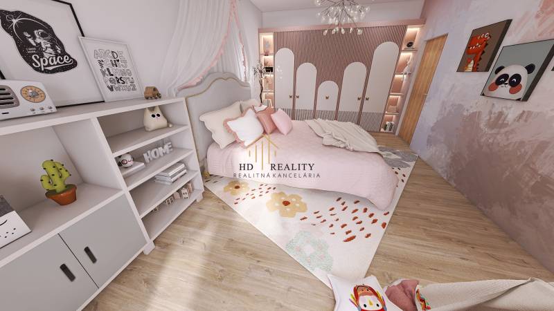 Children's room in a family house with pink elements and a wooden decor floor.