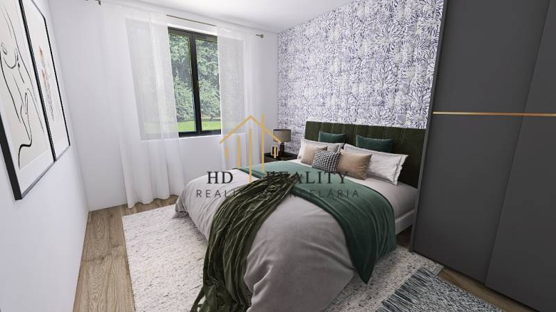 Bedroom in a family house with a bed, wallpaper, and a wooden decor floor.