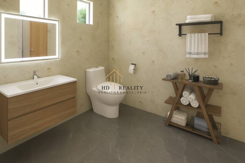 Bathroom with a sink, mirror, and toilet in a family house. Floor with wood decor.