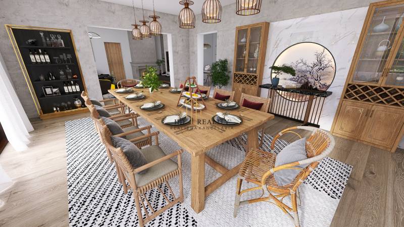 Dining room in a family house with a wooden table, decorative cabinets, and a floor with a wooden decor.
