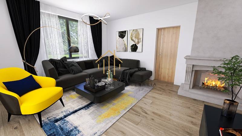 Modern living room in a family house with a fireplace, a sofa, and a wooden decor floor.