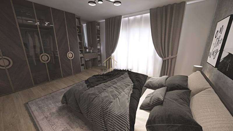 A bedroom in a family house with dark furniture, a wood-patterned floor, and curtains.