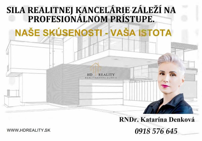HD Reality real estate agency advertisement with contact information for RNDr. Katarína Denková.
