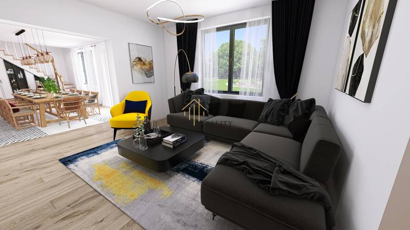 Living room in a family house with a sofa, yellow armchair, and dining table, wooden decor flooring.