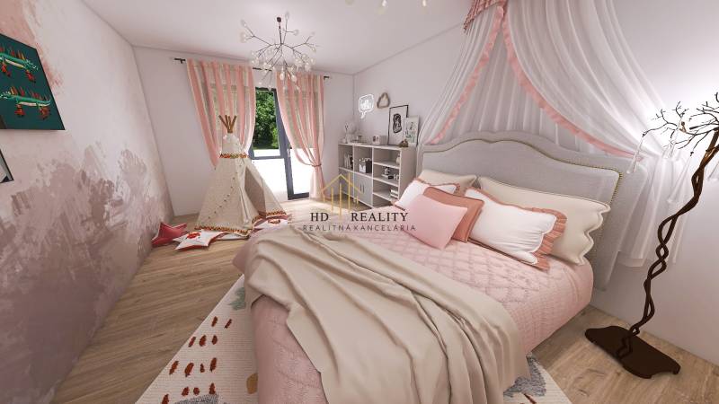 A children's room with pink curtains, a canopy, and a teepee in a family house.