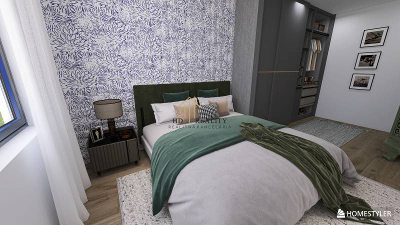 A bedroom with floral wallpaper, a bed, and a wooden-patterned floor.