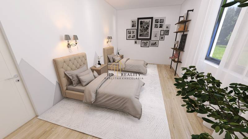 A bedroom in a family house with two beds, paintings, and a floor with a wooden decor.