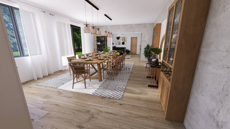 Dining area in a family house with a wooden decor floor and a large window.
