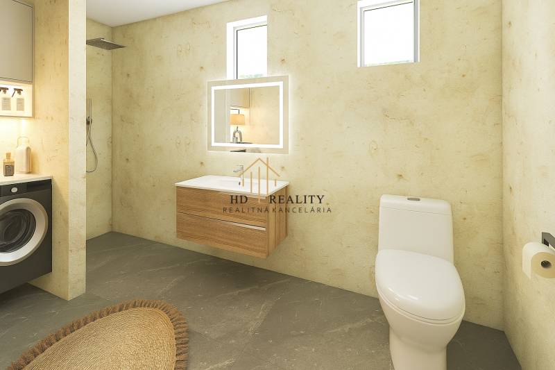 Bathroom in a family house with a washing machine, shower, and sink, floor with wooden decor.