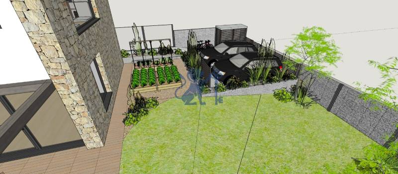 Vizualizácia | parkovanie a záhrada