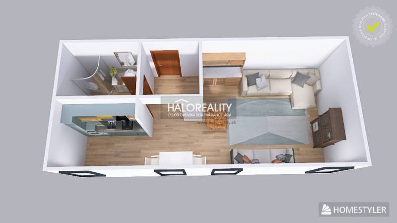 Visualization of a 1-room apartment with wood-patterned flooring and a kitchen unit.