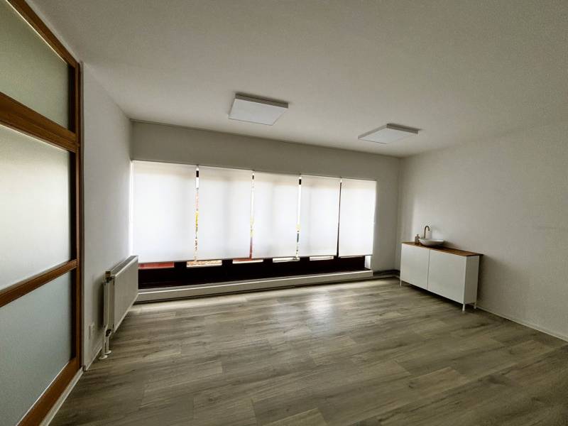 Empty commercial spaces, wood-patterned flooring, large windows with blinds.