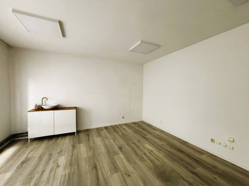 Commercial space with a white cabinet, sink, and wood-patterned flooring.