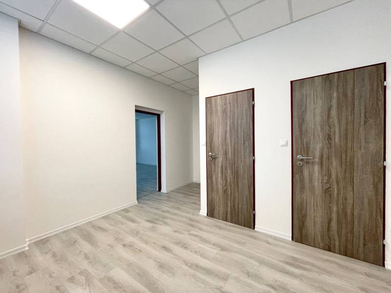 Office with wood-patterned flooring, white walls, and doors.