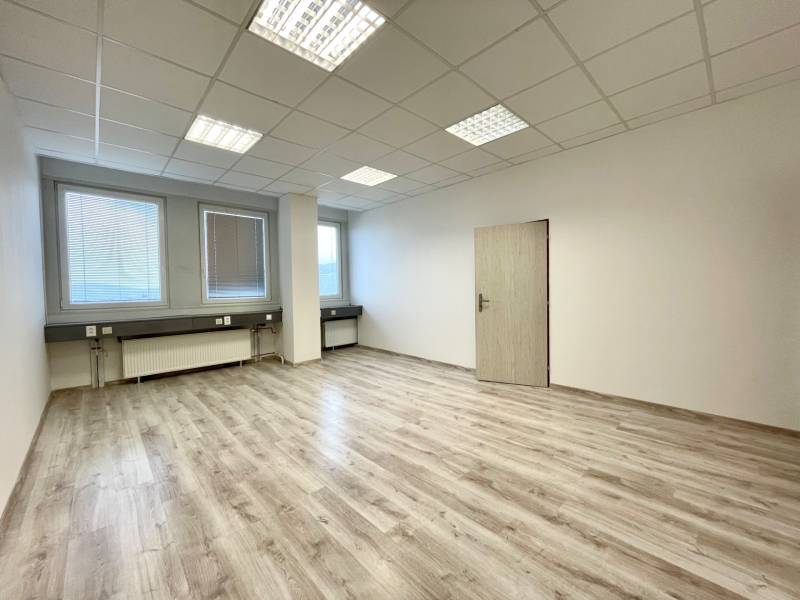 An empty office with wood-patterned flooring, white walls, and ceiling lights.