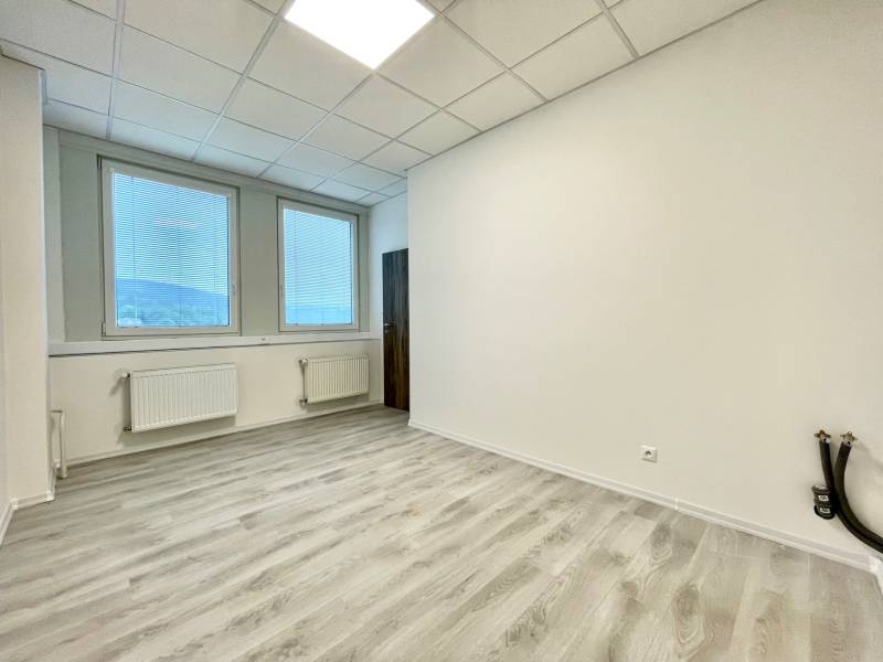 Offices with wood-patterned flooring and large windows with blinds.