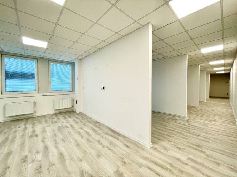 Offices with wood-patterned flooring, white walls, and ceiling lights.
