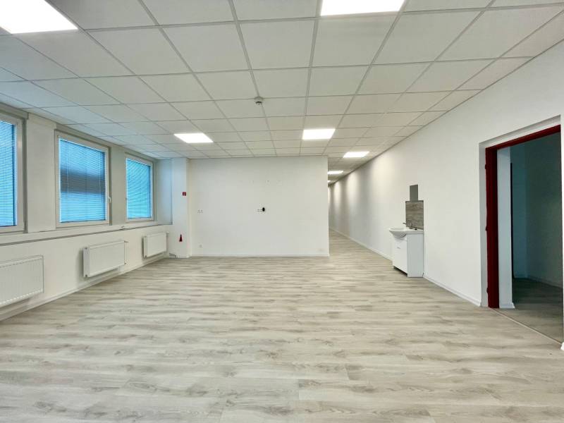 Offices with wood-patterned flooring, white walls, and large windows.