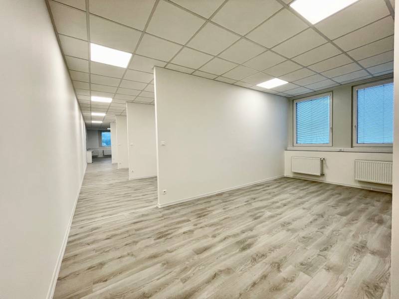 Offices with white walls and wood-patterned flooring.
