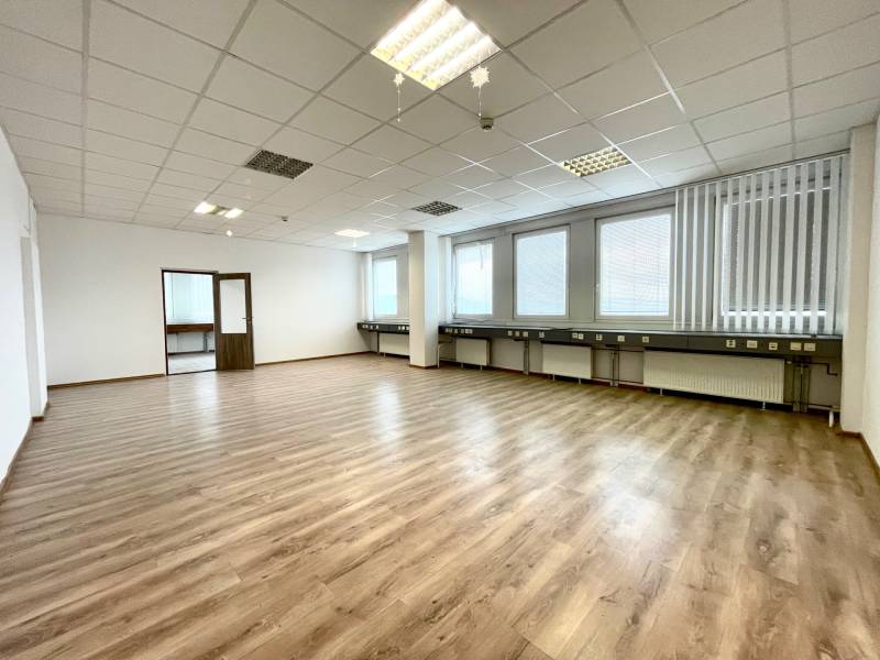 Bright offices with wood-patterned flooring and ceiling lights.
