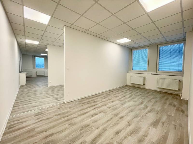Offices with a white ceiling and a wooden decor floor, two large windows.
