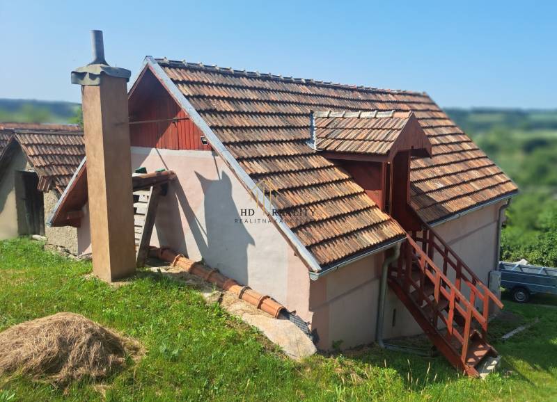 A cottage in Hontianske Trsťany with a wooden roof and stairs surrounded by greenery.