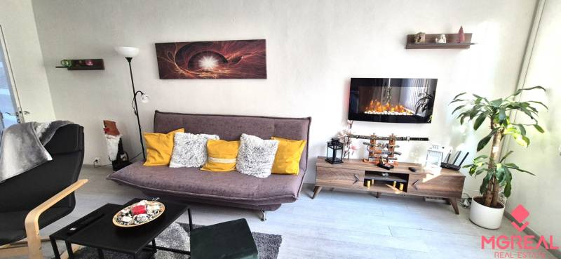 Living room in a two-room apartment with a sofa, shelf, and electric fireplace.