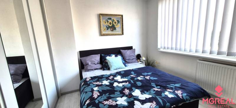 Bedroom in a 2-room apartment with a bed, painting, and mirrored wardrobe.