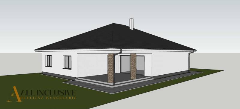 Visualization of a family house in Bajč with a dark roof and a terrace.