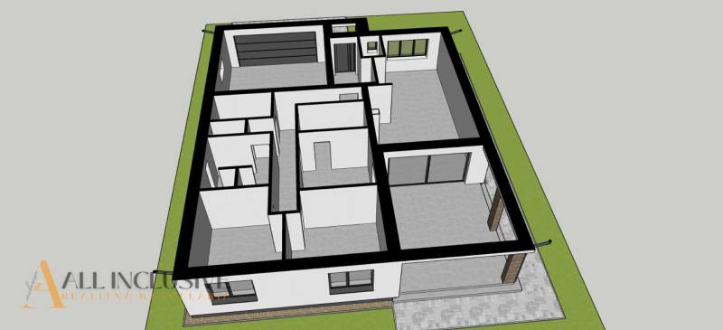 Floor plan of a family house in Bajč with a garage, garden, and terrace.
