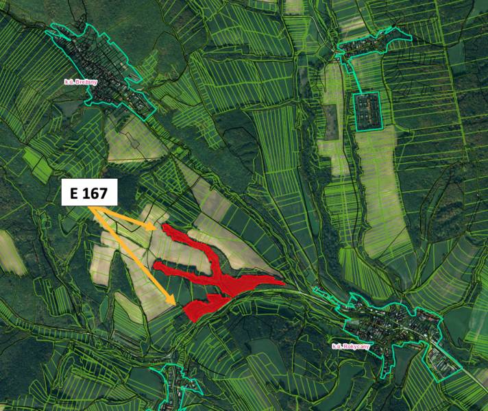 Aerial map showing agricultural and forest land near the town of Rokycany.