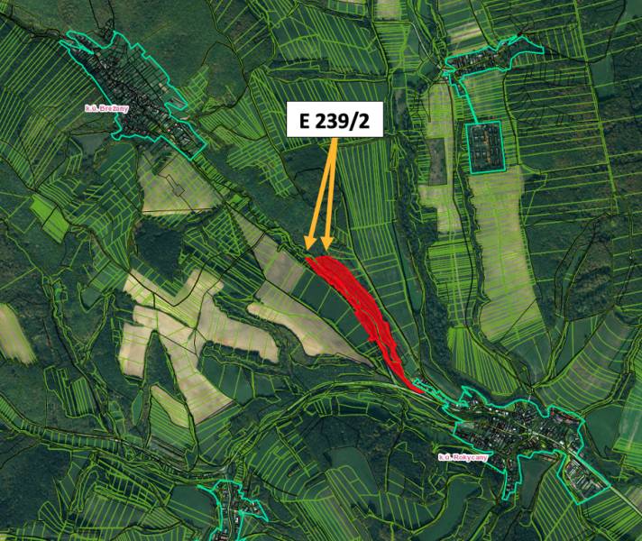Aerial view of agricultural and forest land around Rokycany with a marked parcel.