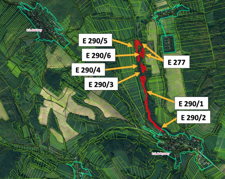 Orthophotomap of agricultural and forest land in the Rokycany area with marked parcels.