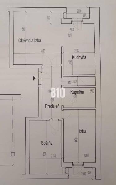 Floor plan of a 3-room apartment: living room, kitchen, bathroom, hallway, room, bedroom.