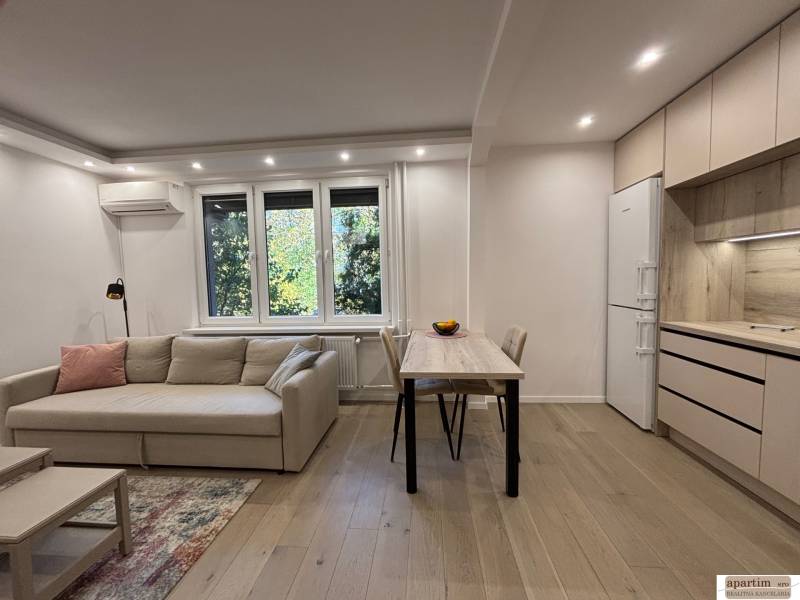 Living room with a sofa, dining table, and kitchen in a two-room apartment.