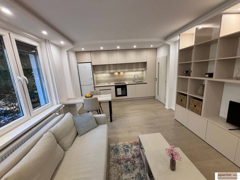 Living room with kitchen and wooden decor flooring in a 2-room apartment.