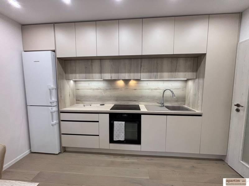 A kitchen unit with a wood decor and built-in appliances in a 2-room apartment.