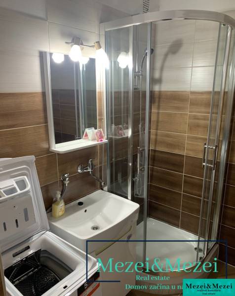 Bathroom with a sink, washing machine, and shower in a 2-room apartment.