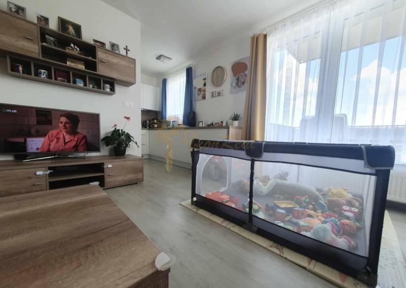 A bright living room with wood-patterned flooring and a playpen full of toys in a two-room apartment.