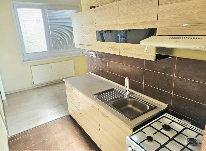 A kitchen in a 2-room apartment with white cabinets and a wood-patterned floor.