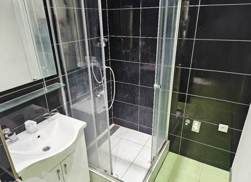 Bathroom in a 2-room apartment with a shower and a sink, black tiles.