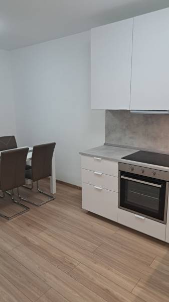 A kitchen corner in a 2-room apartment with a wooden decor floor and a dining table.