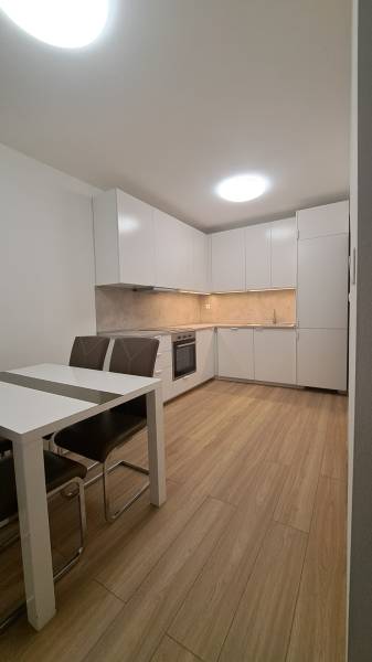 A kitchen in a 2-room apartment with white cabinets and a wood-patterned floor.